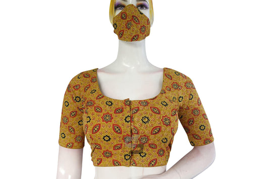 Mustard color Ajrakh Cotton Readymade Saree Blouse - D3blouses