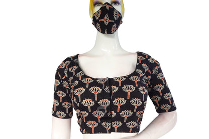 Black color Ajrakh Cotton Readymade Saree Blouse - D3blouses