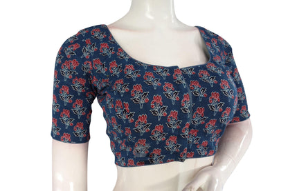 Navy Blue color Ajrakh Cotton Readymade Saree Blouse - D3blouses