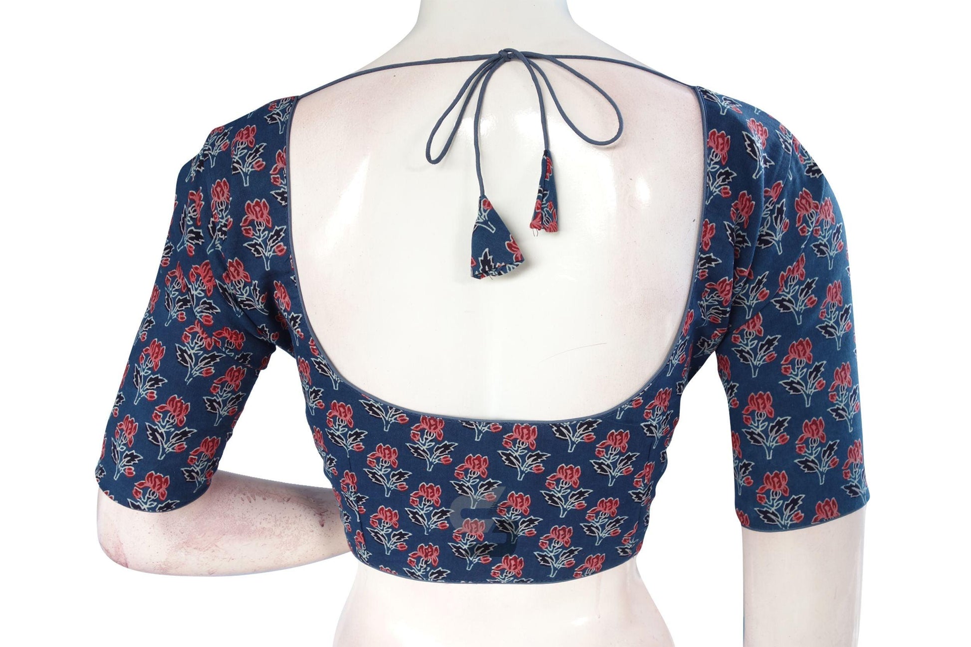 Navy Blue color Ajrakh Cotton Readymade Saree Blouse - D3blouses