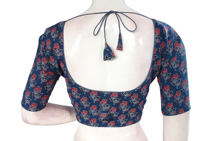 Navy Blue color Ajrakh Cotton Readymade Saree Blouse - D3blouses