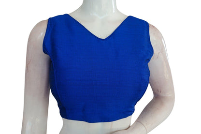 blue colour plain v neck readymade blouse from d3 blouses