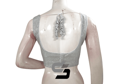 Silver Color Sleeveless Sparkly Glitter Designer Readymade Saree Blouse. - D3blouses