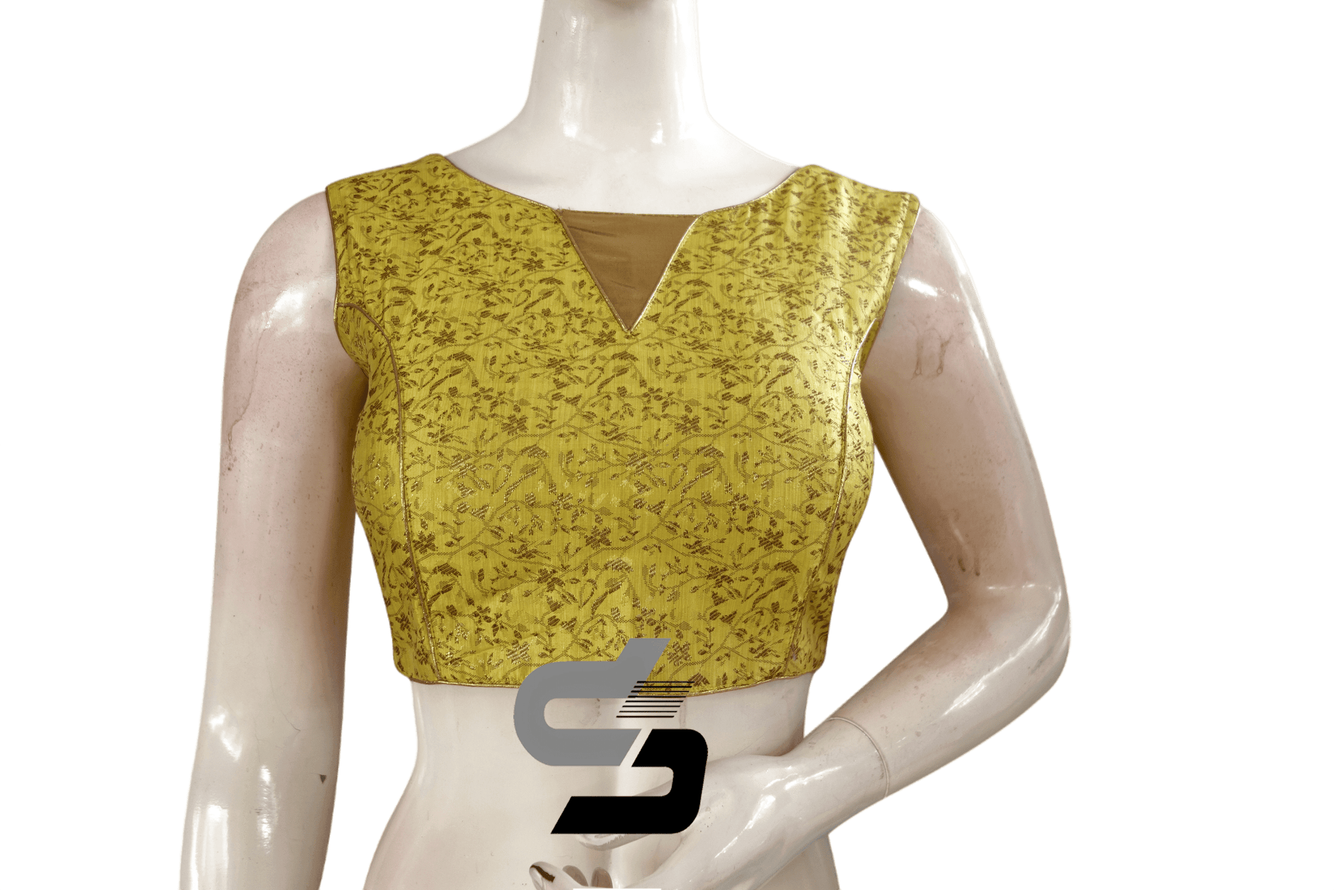 Yellow Color Banaras Brocade silk Readymade saree blouse With Boat Neck - D3blouses