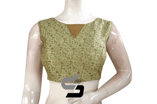 Green Color Banaras Brocade silk Readymade saree blouse With Boat Neck - D3blouses