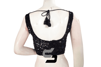 Black Color Velvet Sequin Designer Readymade Saree Blouse. - D3blouses