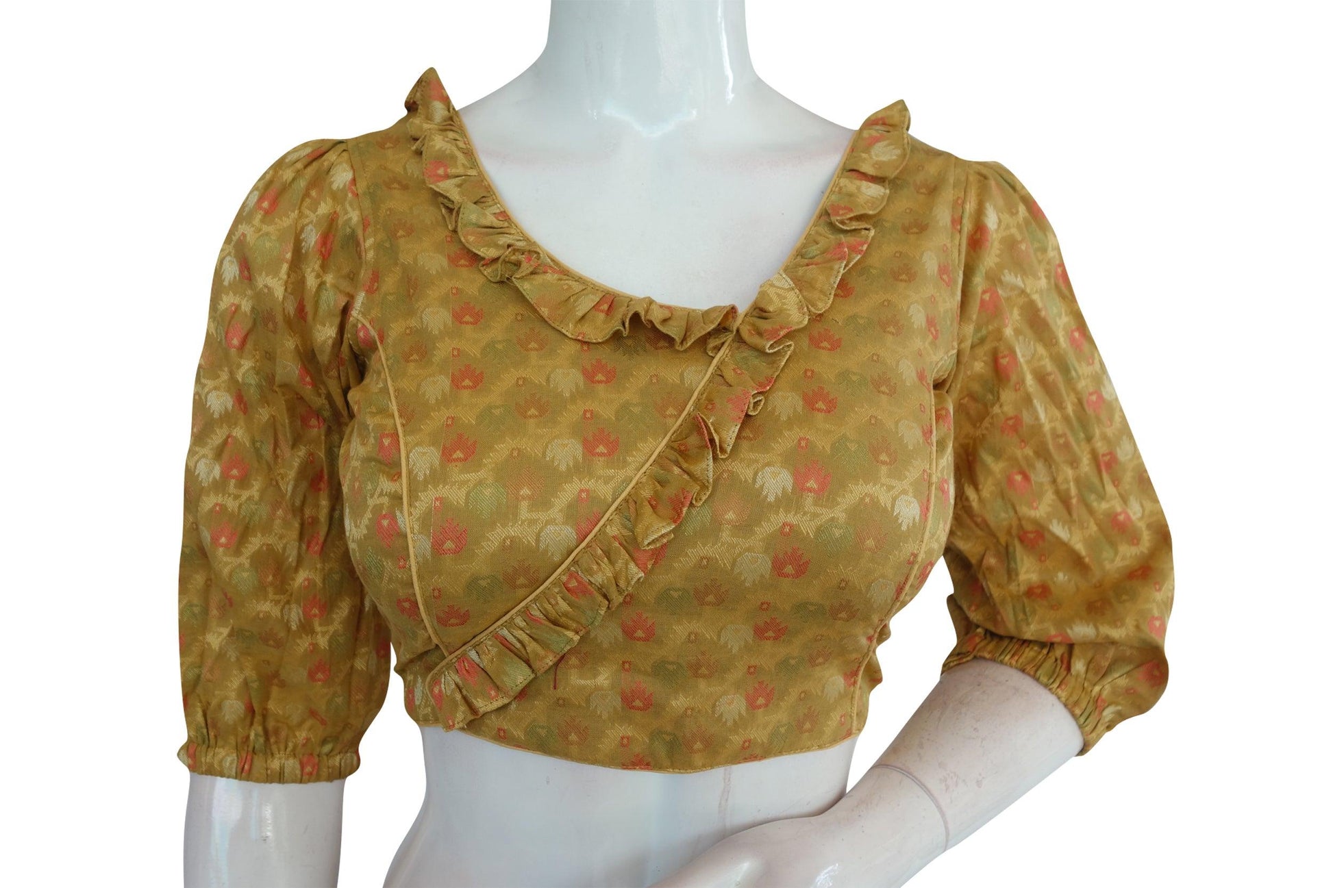 Gold Color Semi Silk Balloon Sleeves Designer Readymade Blouse