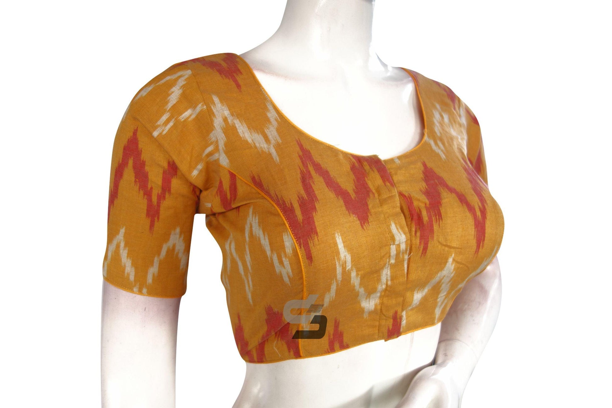 Mustard Yellow Color Ikkat Cotton Readymade Saree Blouse - D3blouses