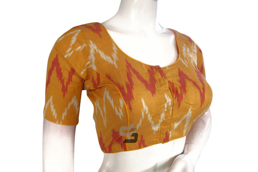 Mustard Yellow Color Ikkat Cotton Readymade Saree Blouse - D3blouses