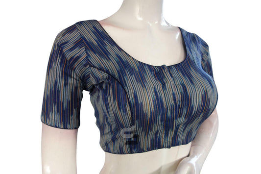 Navy Blue Color Ikkat Cotton Readymade Saree Blouse - D3blouses