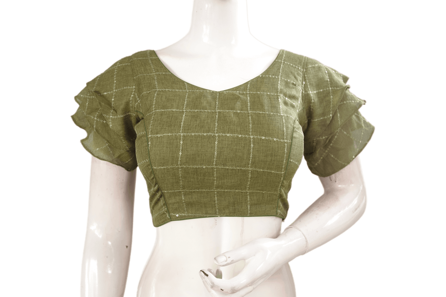 Olive Green Color Designer Ruffle Sleeves Ready made saree blouse, Indian Silk saree Ready-made blouse - D3blouses