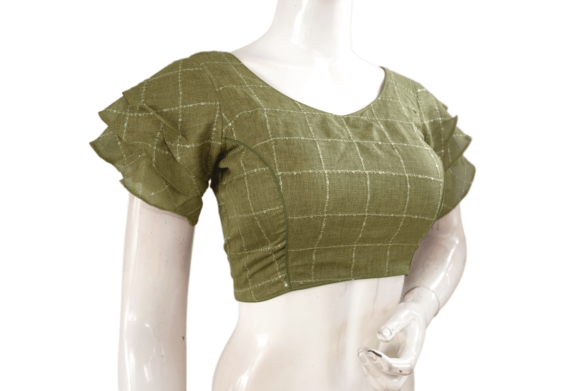 Olive Green Color Designer Ruffle Sleeves Ready made saree blouse, Indian Silk saree Ready-made blouse - D3blouses