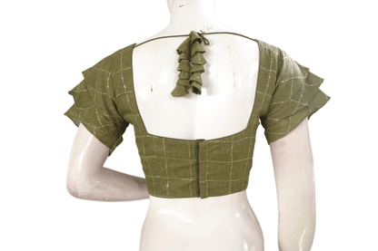 Olive Green Color Designer Ruffle Sleeves Ready made saree blouse, Indian Silk saree Ready-made blouse - D3blouses