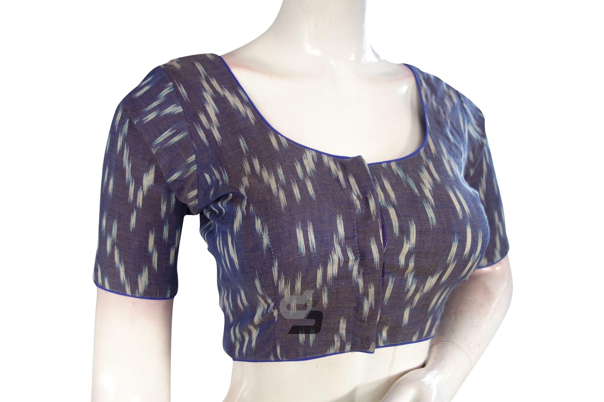 Indulge in classic elegance with our Elegant Purple Ikkat Cotton Saree Blouse. A timeless choice for sophisticated women's wear.