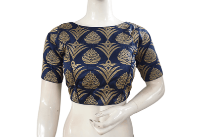 Navy Blue Color Boat Neck Designer Party Wear Readymade Blouse - D3blouses