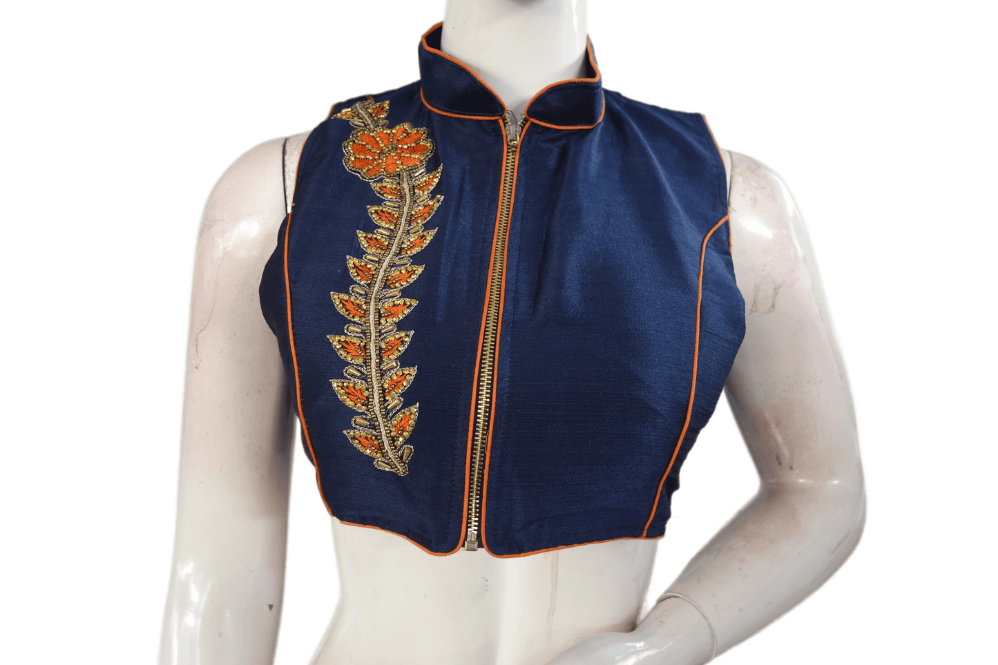 Navy Blue Color Designer Party Wear Readymade Blouse With Collar Neck - D3blouses