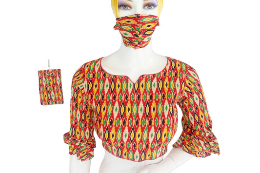 cotton printed designer readymade blouse with matching mask