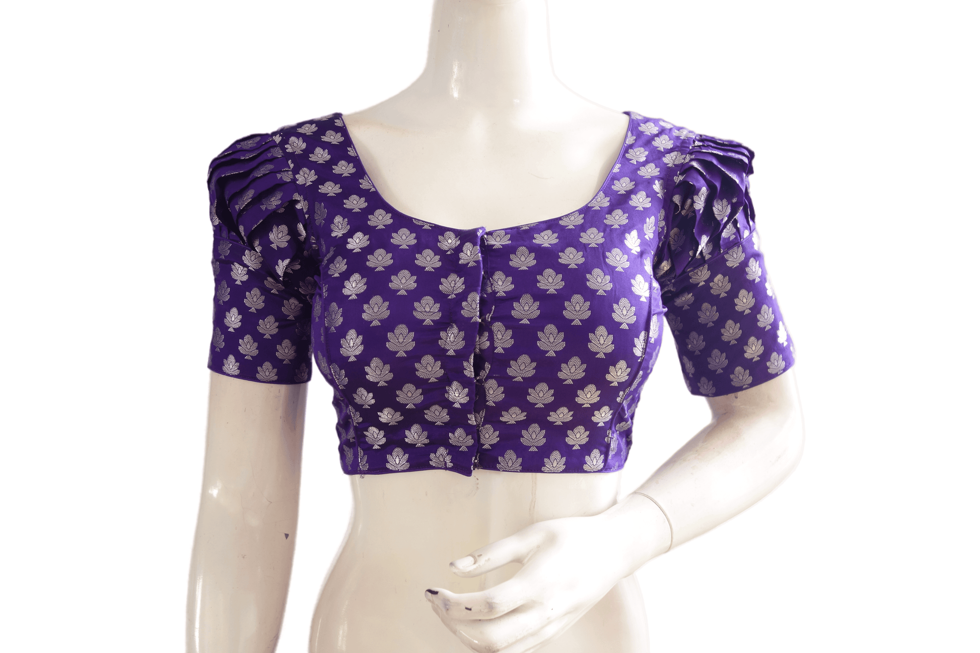 Purple Color Silver Mixed Brocade Silk Readymade Saree Blouse With Puff Sleeves - D3blouses