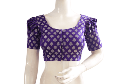 Purple Color Silver Mixed Brocade Silk Readymade Saree Blouse With Puff Sleeves - D3blouses