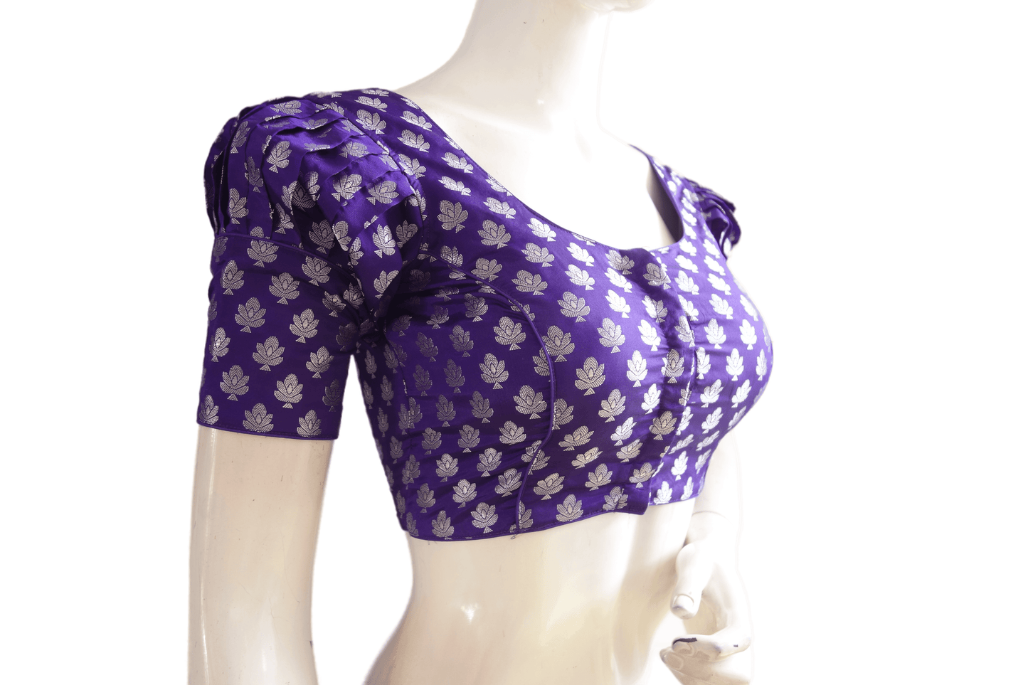 Purple Color Silver Mixed Brocade Silk Readymade Saree Blouse With Puff Sleeves - D3blouses