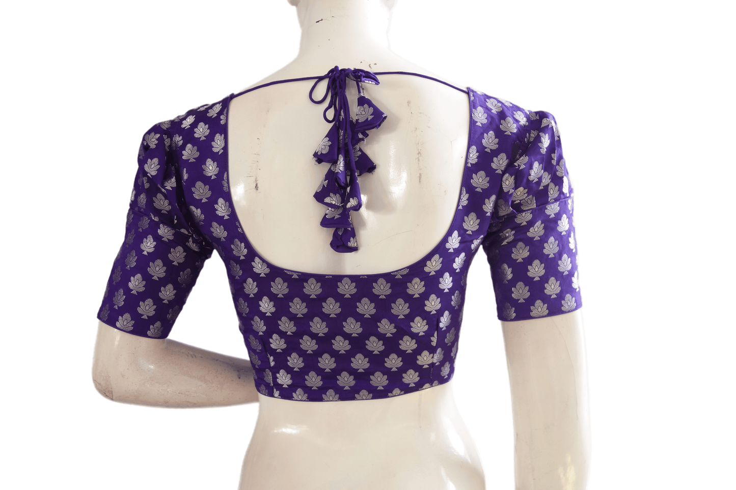 Purple Color Silver Mixed Brocade Silk Readymade Saree Blouse With Puff Sleeves - D3blouses