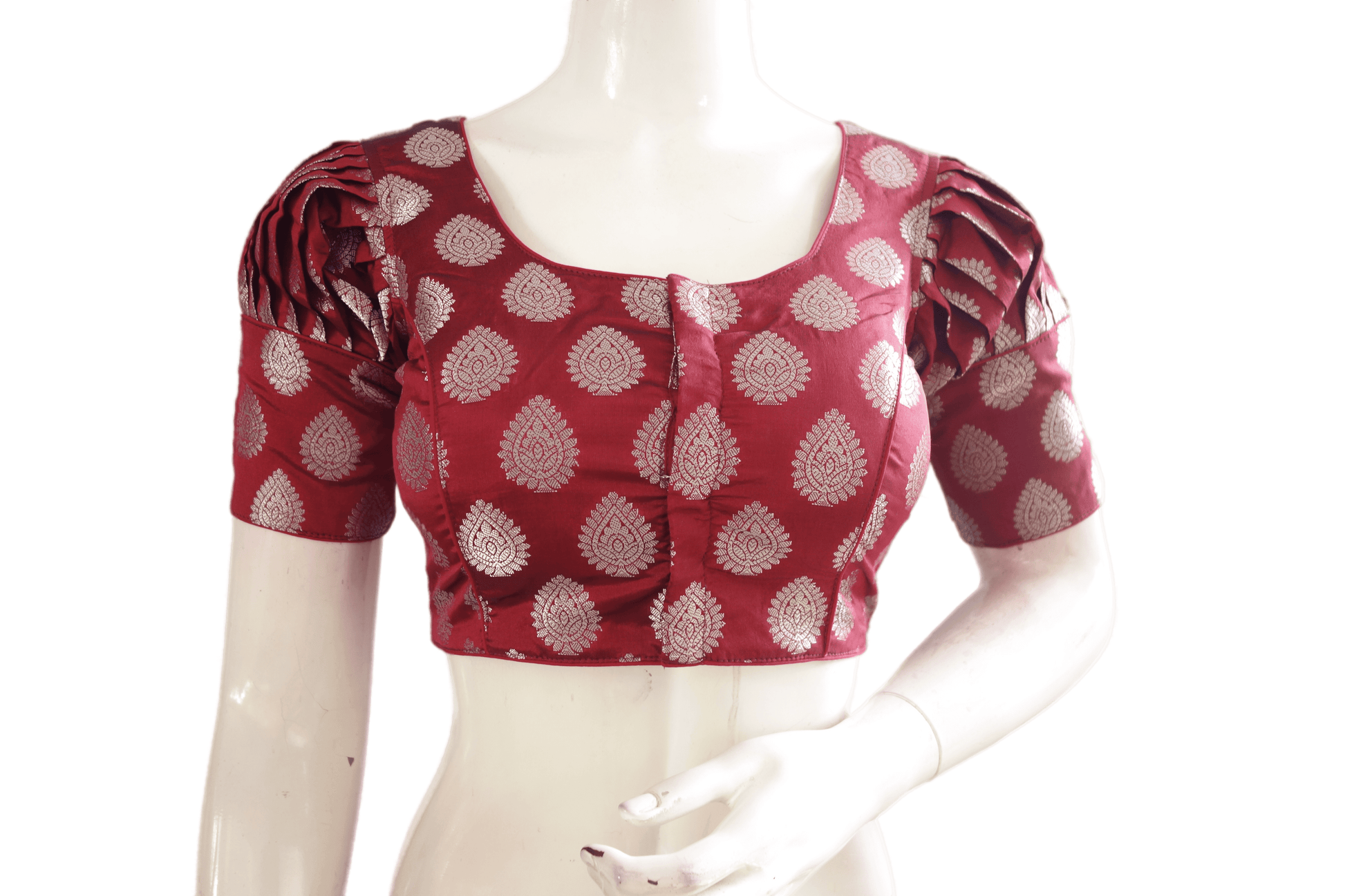 Maroon Color Silver Mixed Brocade Silk Readymade Saree Blouse With Puff Sleeves - D3blouses