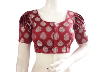 Maroon Color Silver Mixed Brocade Silk Readymade Saree Blouse With Puff Sleeves - D3blouses
