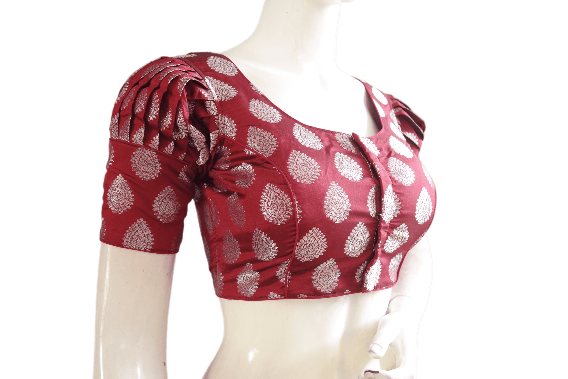 Maroon Color Silver Mixed Brocade Silk Readymade Saree Blouse With Puff Sleeves - D3blouses