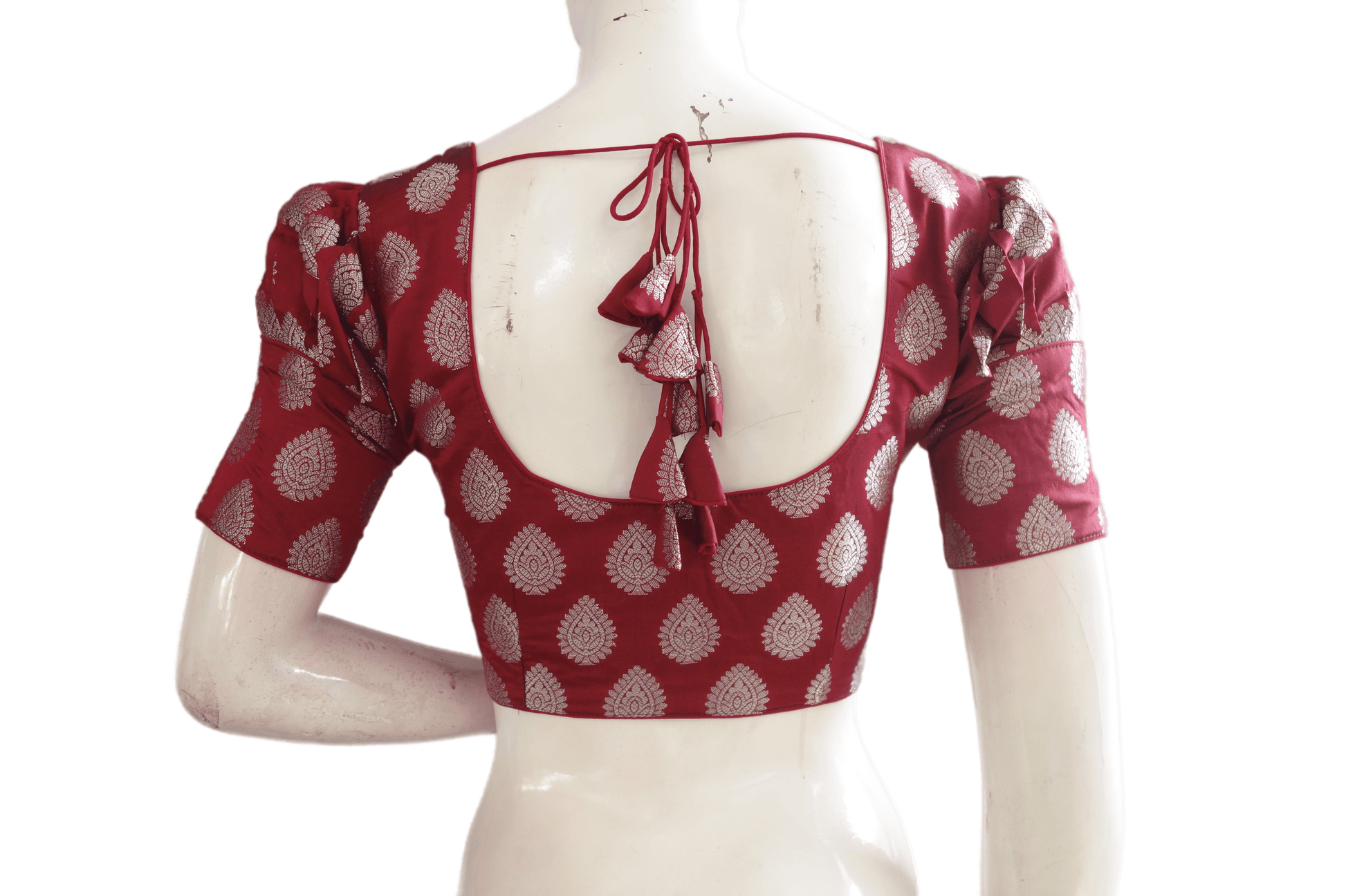 Maroon Color Silver Mixed Brocade Silk Readymade Saree Blouse With Puff Sleeves - D3blouses