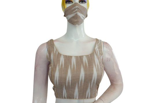 Discover versatile fashion with our stylish beige Ikkat cotton readymade blouse for women. Elevate your wardrobe with this chic and comfortable option, perfect for various occasions.