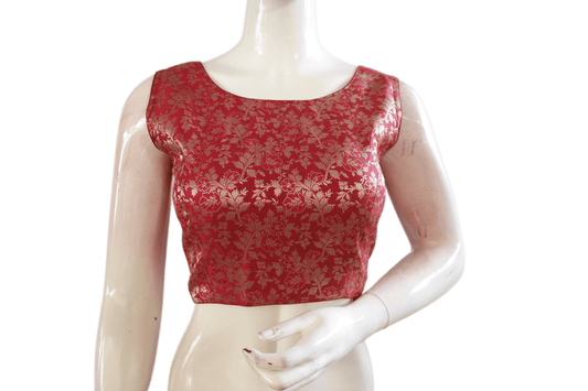 Maroon Color Banaras Brocade Boat Neck Readymade blouse - D3blouses