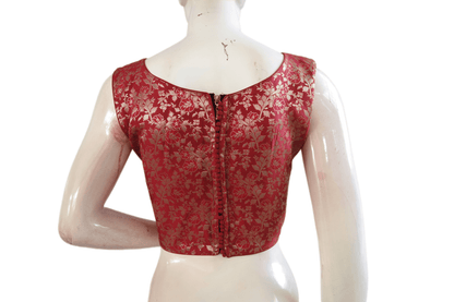 Maroon Color Banaras Brocade Boat Neck Readymade blouse - D3blouses