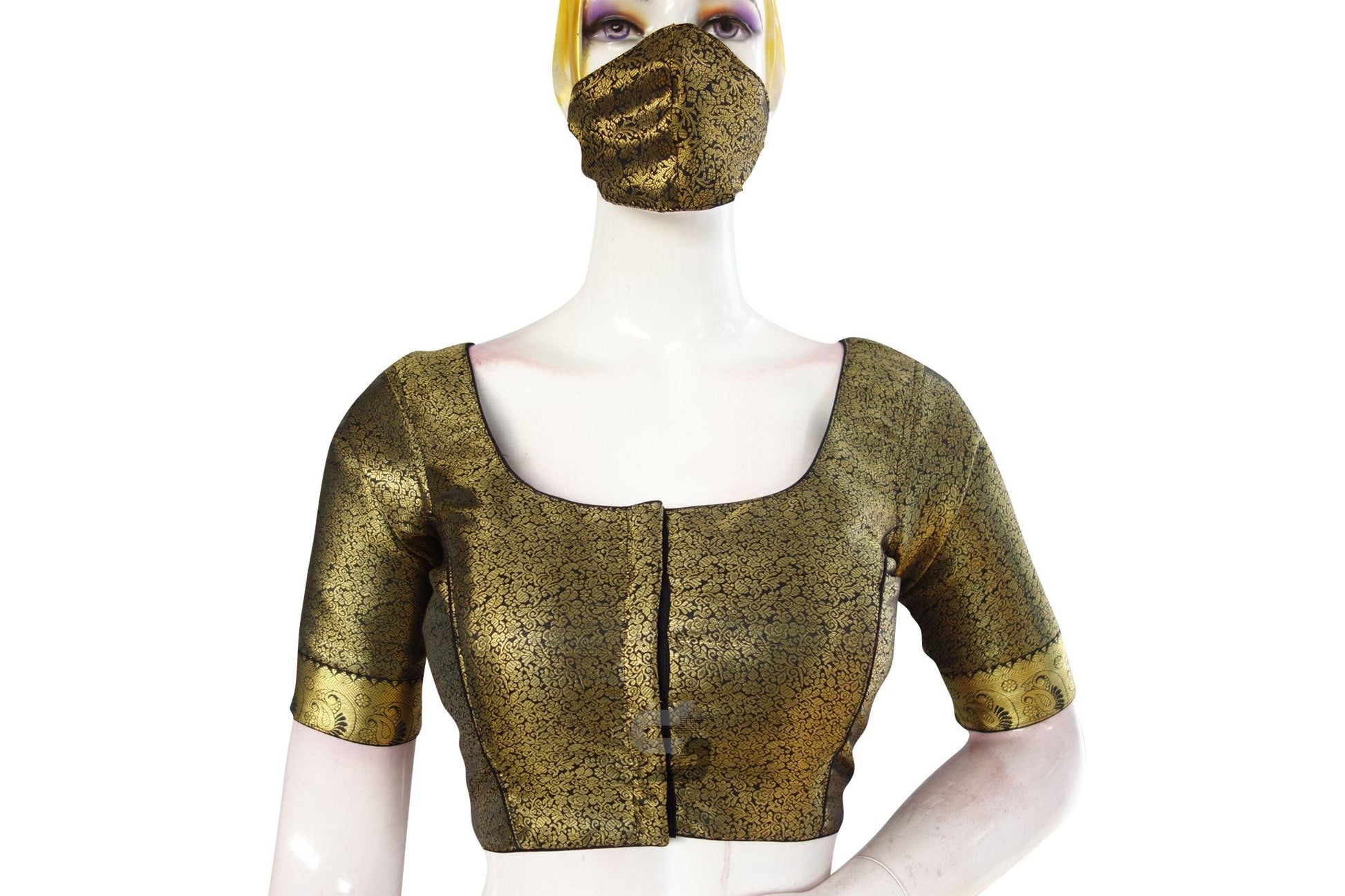 Black Color Brocade Silk Readymade Blouse With Matching Mask - D3blouses