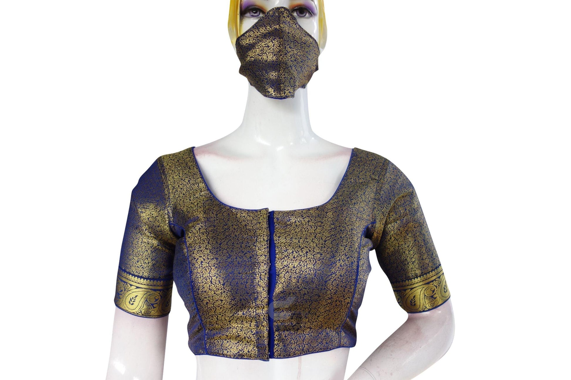Blue Color Brocade Silk Readymade Blouse With Matching Mask - D3blouses
