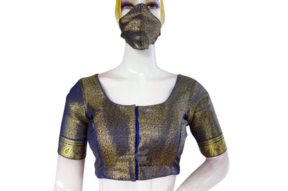 Blue Color Brocade Silk Readymade Blouse With Matching Mask - D3blouses