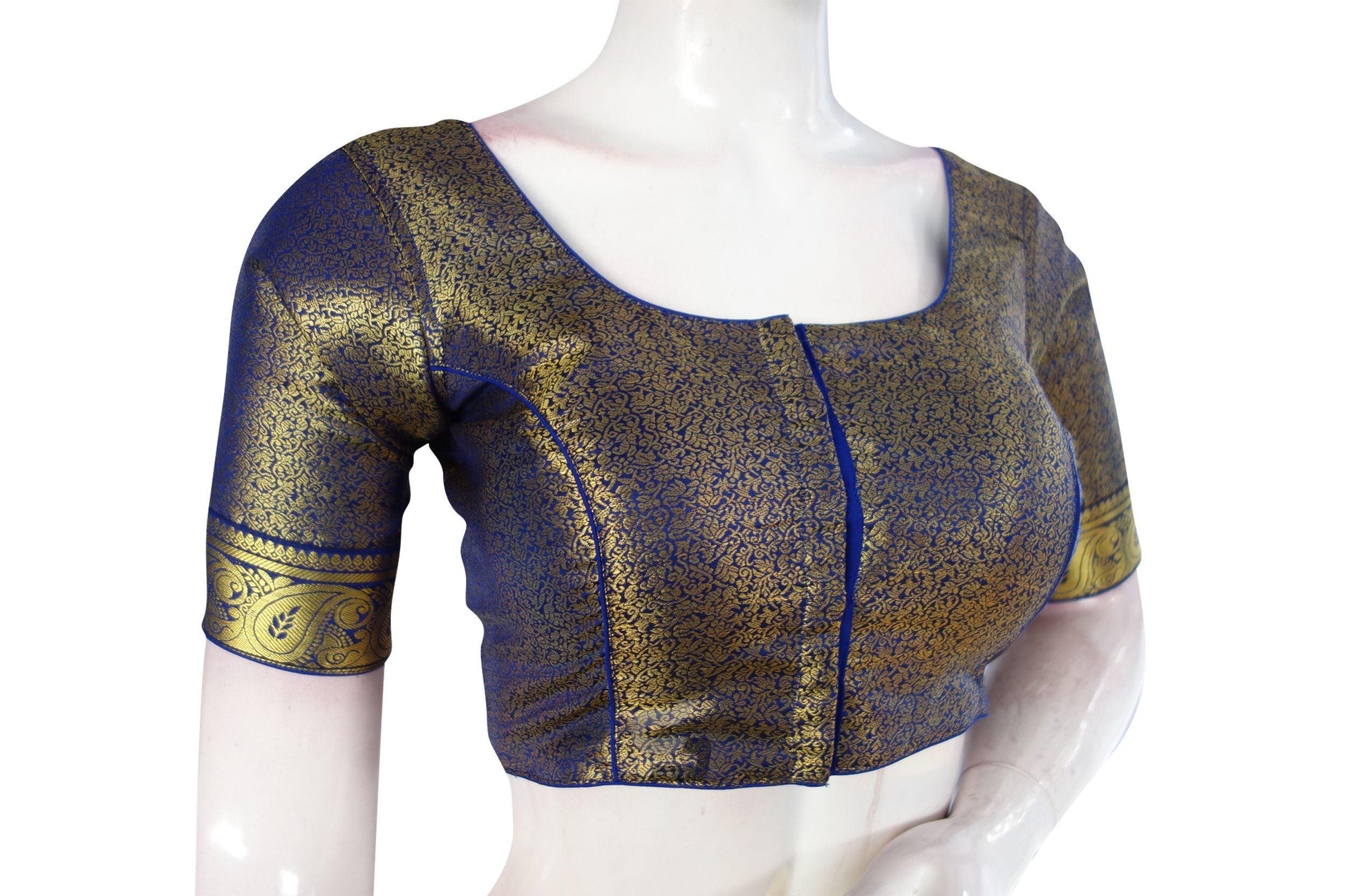 Blue Color Brocade Silk Readymade Blouse With Matching Mask - D3blouses