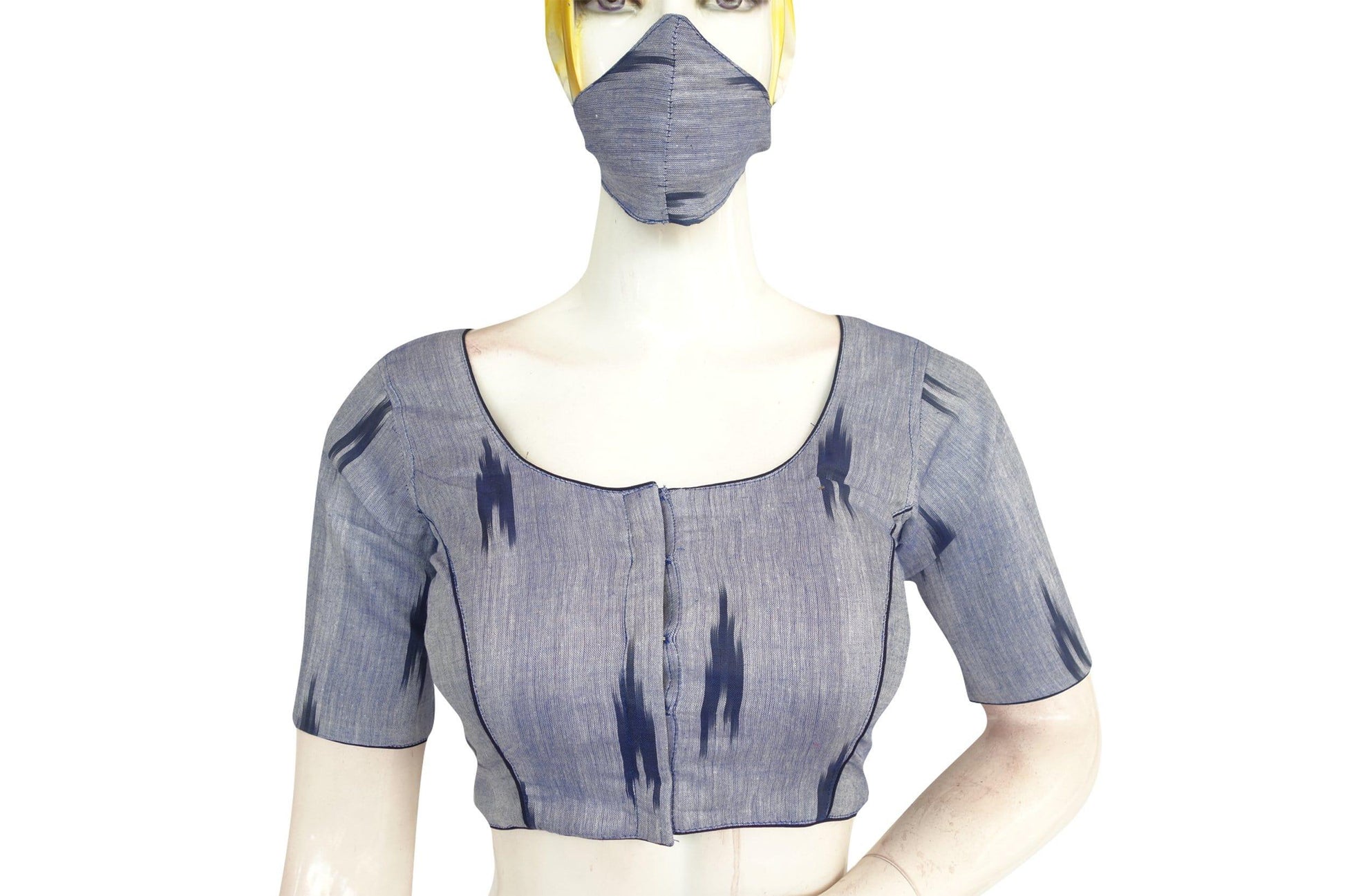 blue color ikkat readymade blouse with face mask