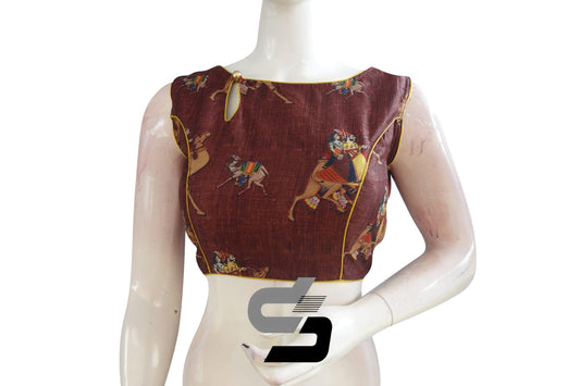 Brown Color Printed Silk Boat Neck Readymade Saree Blouse - D3blouses