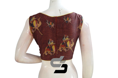 Brown Color Printed Silk Boat Neck Readymade Saree Blouse - D3blouses