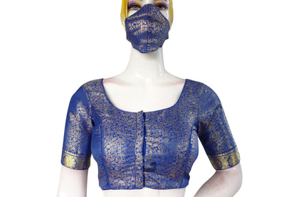Blue Color Brocade Silk Readymade Blouse With Matching Mask - D3blouses