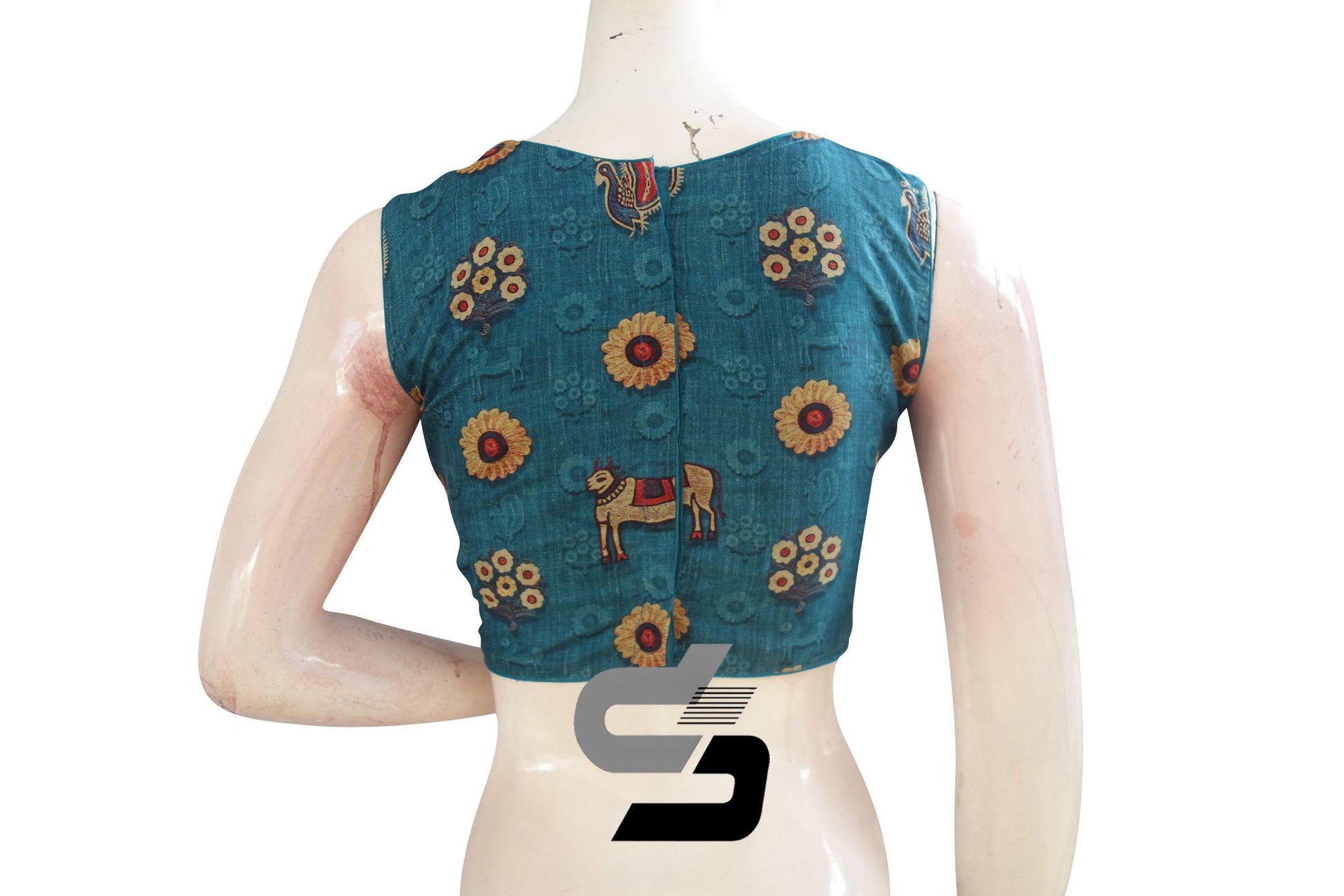 Teal Blue Color Printed Silk Boat Neck Readymade Saree Blouse - D3blouses
