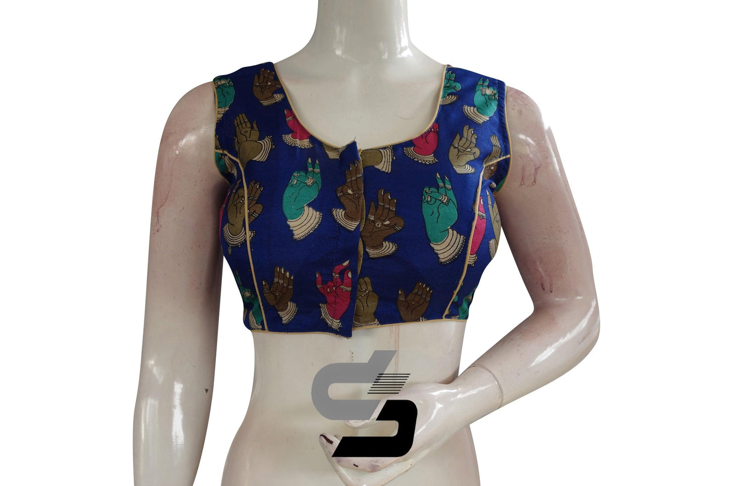 Royal Blue Color Printed silk Sleeveless Readymade saree blouse - D3blouses