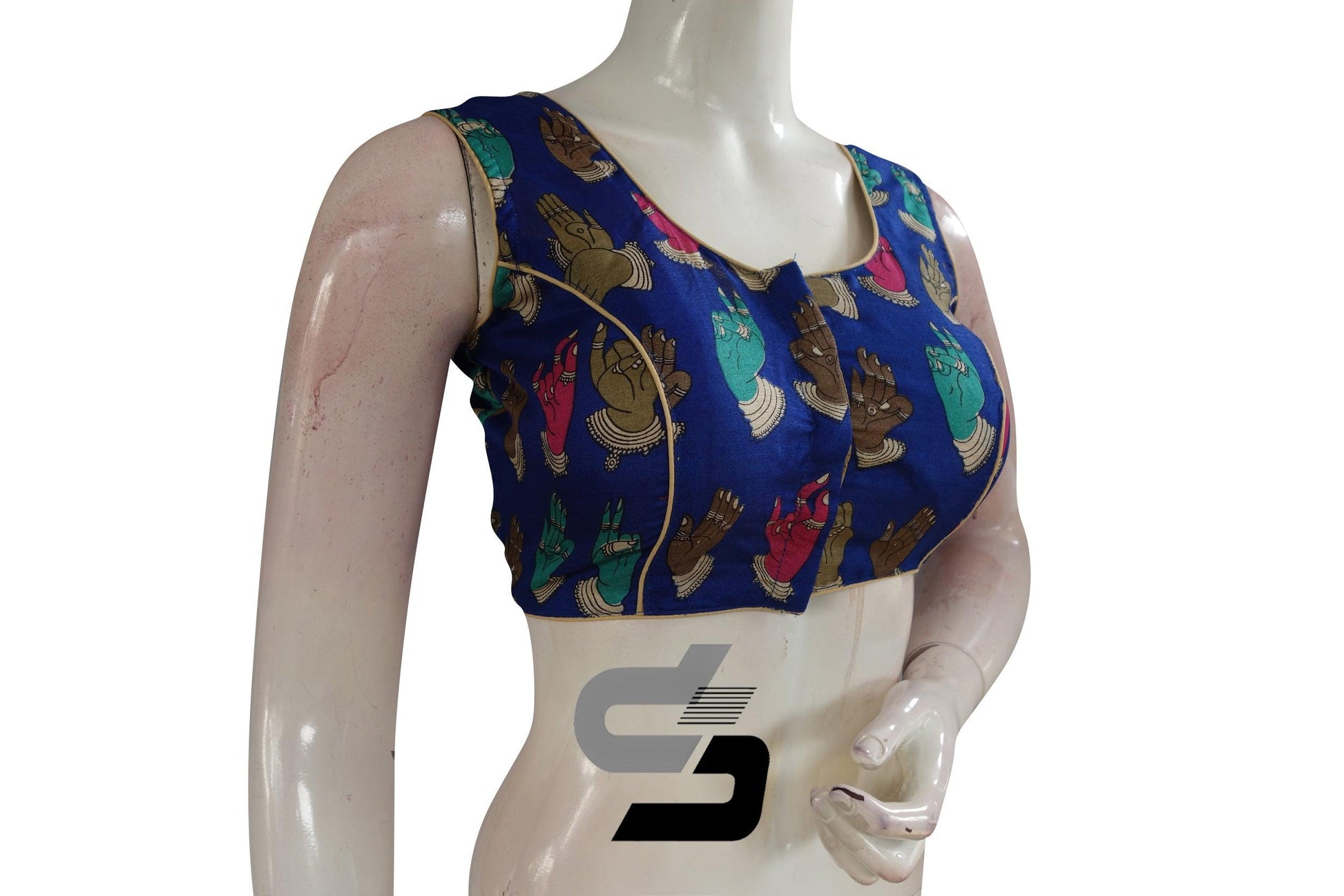 Royal Blue Color Printed silk Sleeveless Readymade saree blouse - D3blouses