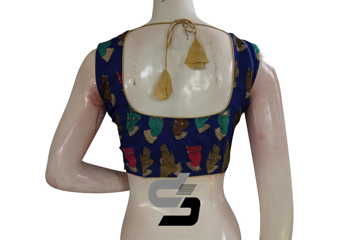 Royal Blue Color Printed silk Sleeveless Readymade saree blouse - D3blouses