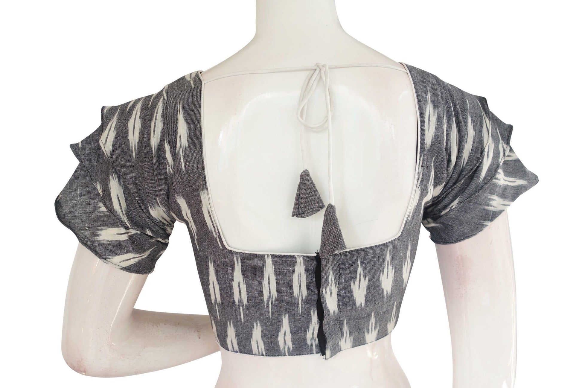 copy of purple color ikkat readymade saree blouse with ruffle sleeve