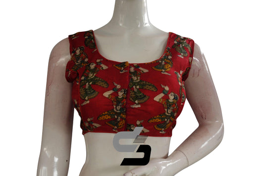 Red Color Printed silk Sleeveless Readymade saree blouse - D3blouses