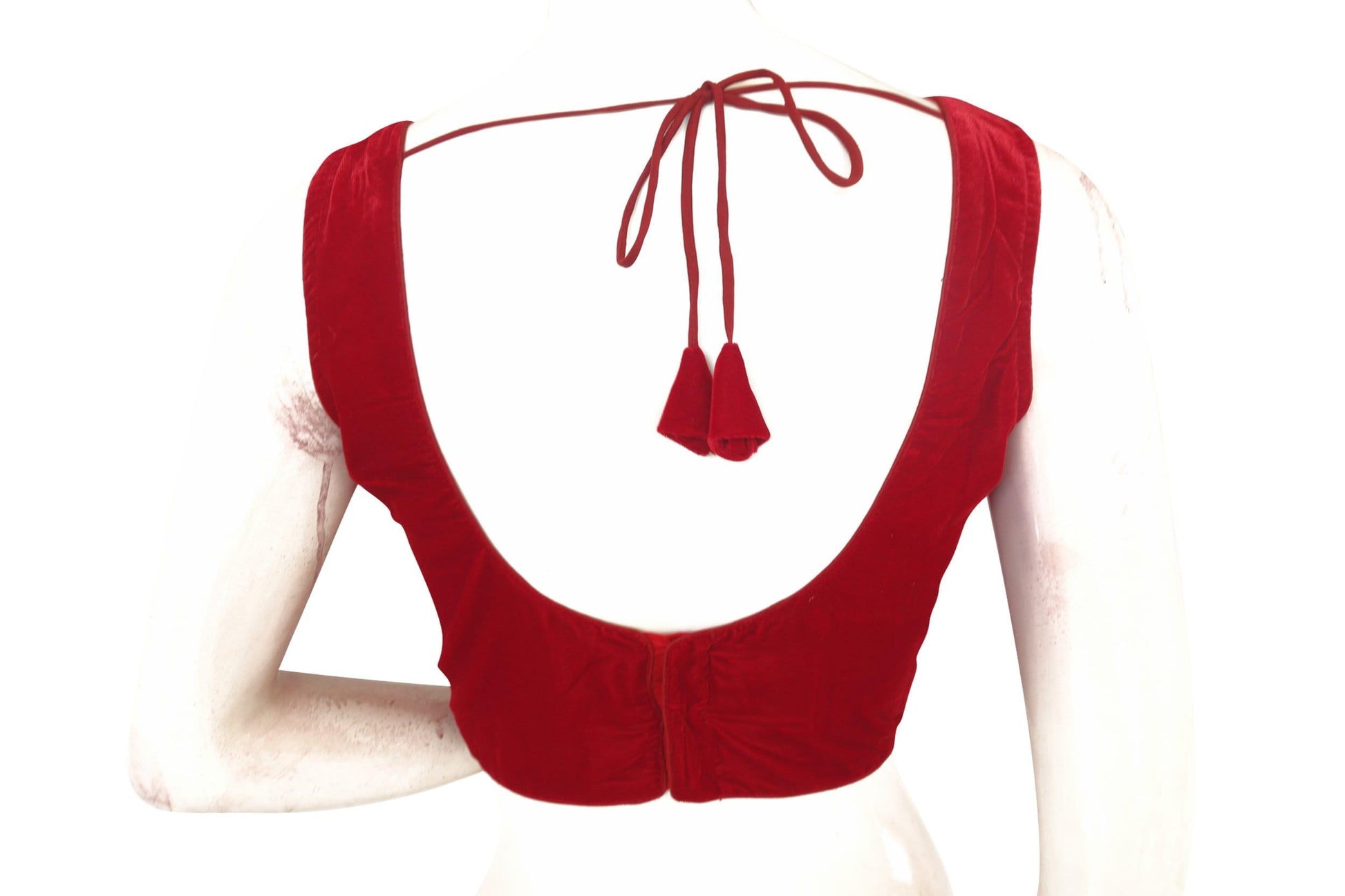 red color velvet designer blouse with saree belt