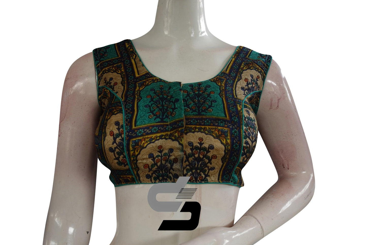 Teal Color Printed silk Sleeveless Readymade saree blouse - D3blouses