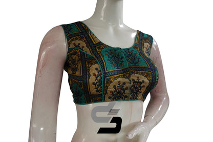 Teal Color Printed silk Sleeveless Readymade saree blouse - D3blouses