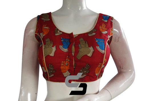 Red Color Printed silk Sleeveless Readymade saree blouse - D3blouses